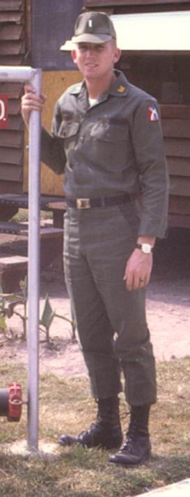 Close up of 1LT Dennis Turner, C.O. - 697th Engr Co (P/L) at the Orderly Room

 in Korat at Camp USARTHAI in 1967